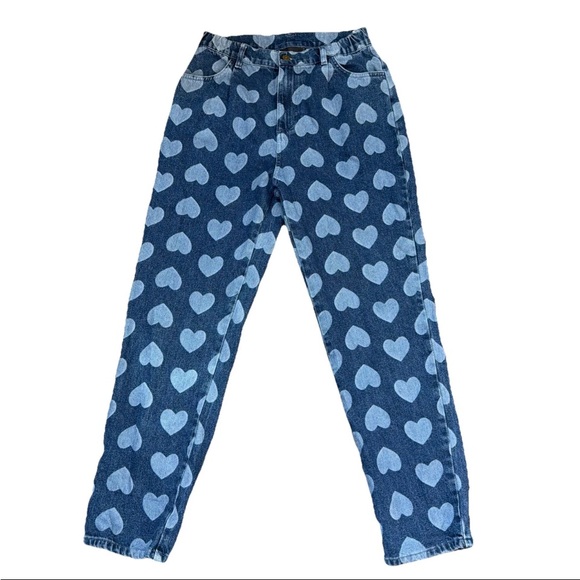 Lazy Oaf Denim - Lazy Oaf Blue Denim Straight Leg Heart Design Hi-Rise SZ 28 Elastic Waist EUC